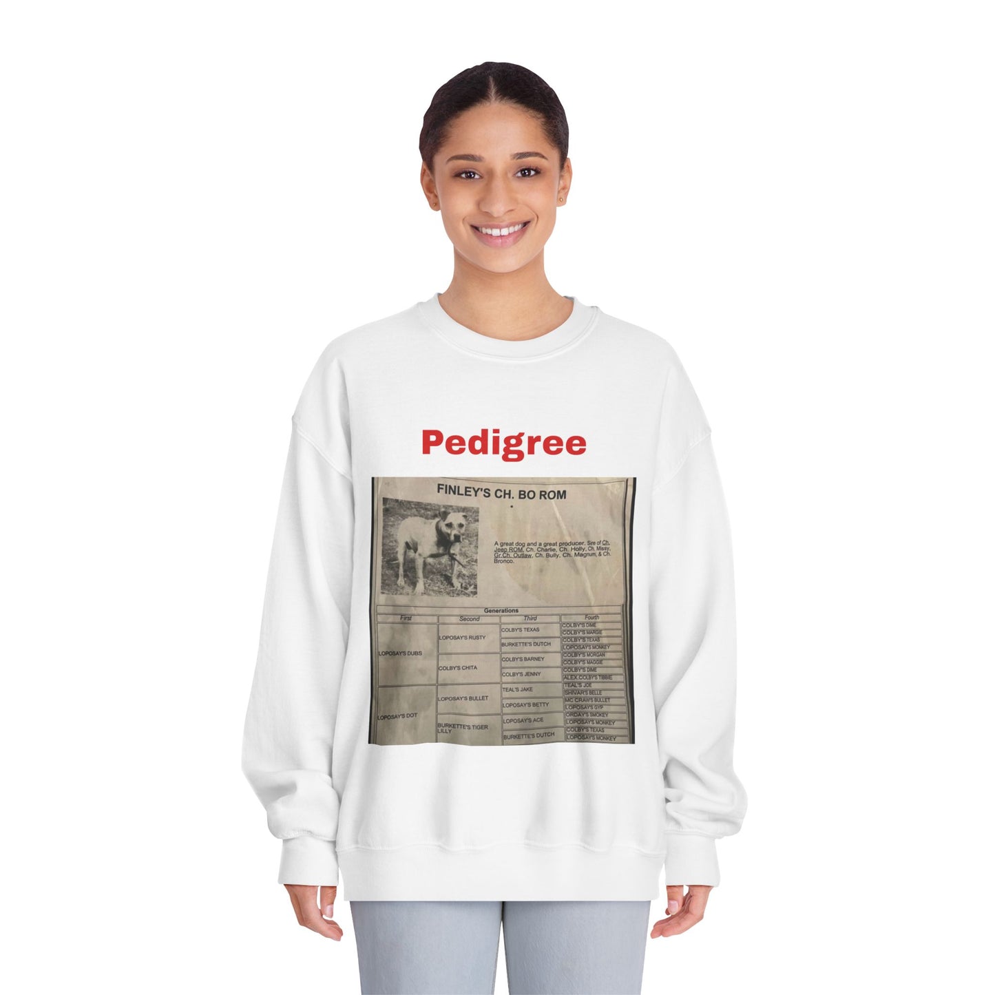 Pedigree History Crewneck Sweatshirt — Vintage Dog Pedigree Print