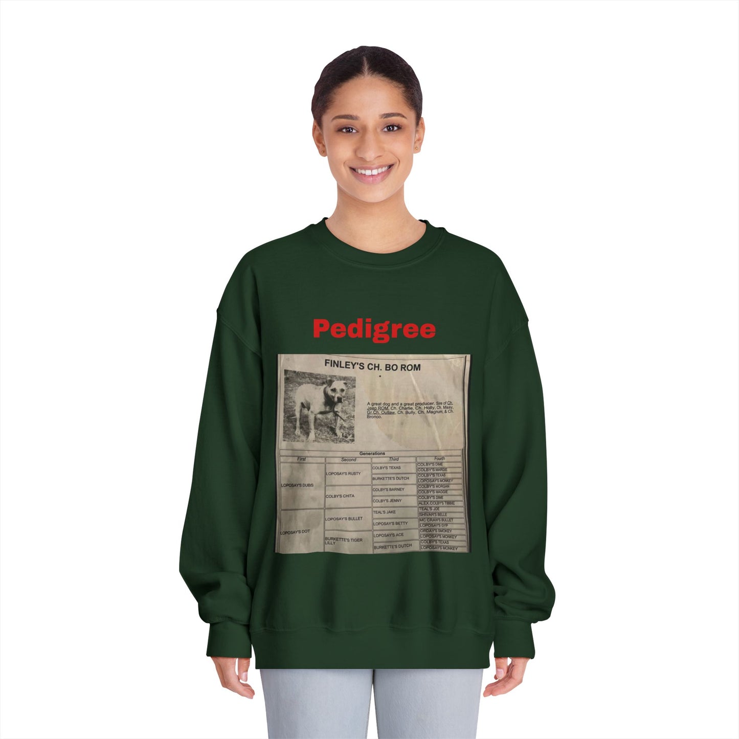 Pedigree History Crewneck Sweatshirt — Vintage Dog Pedigree Print