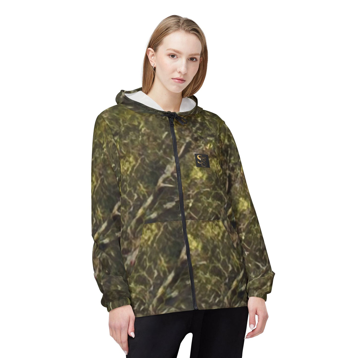 SS-Camo Print Windbreaker Jacket — Mossy Forest All-Over Zip Hooded Outerwear