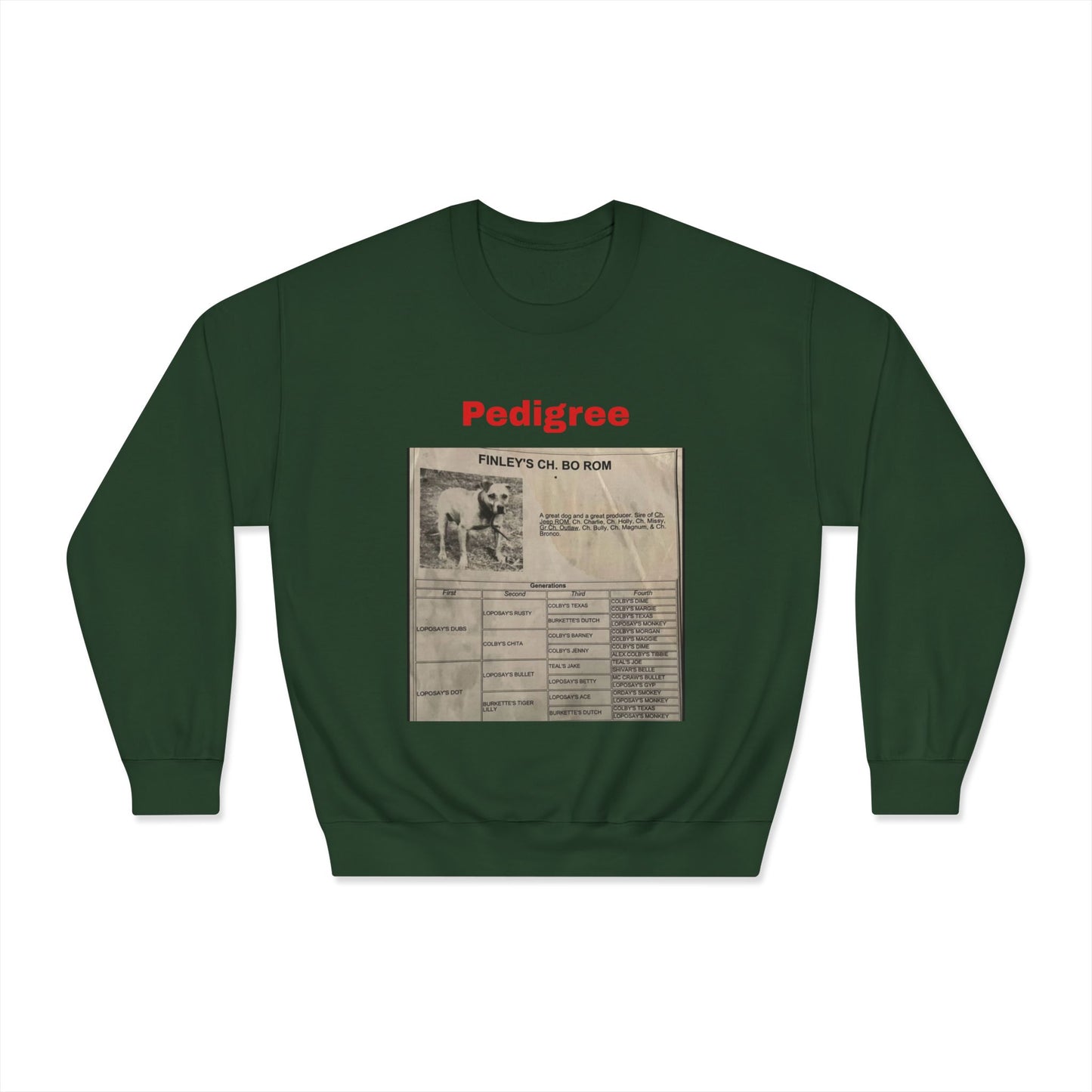 Pedigree History Crewneck Sweatshirt — Vintage Dog Pedigree Print