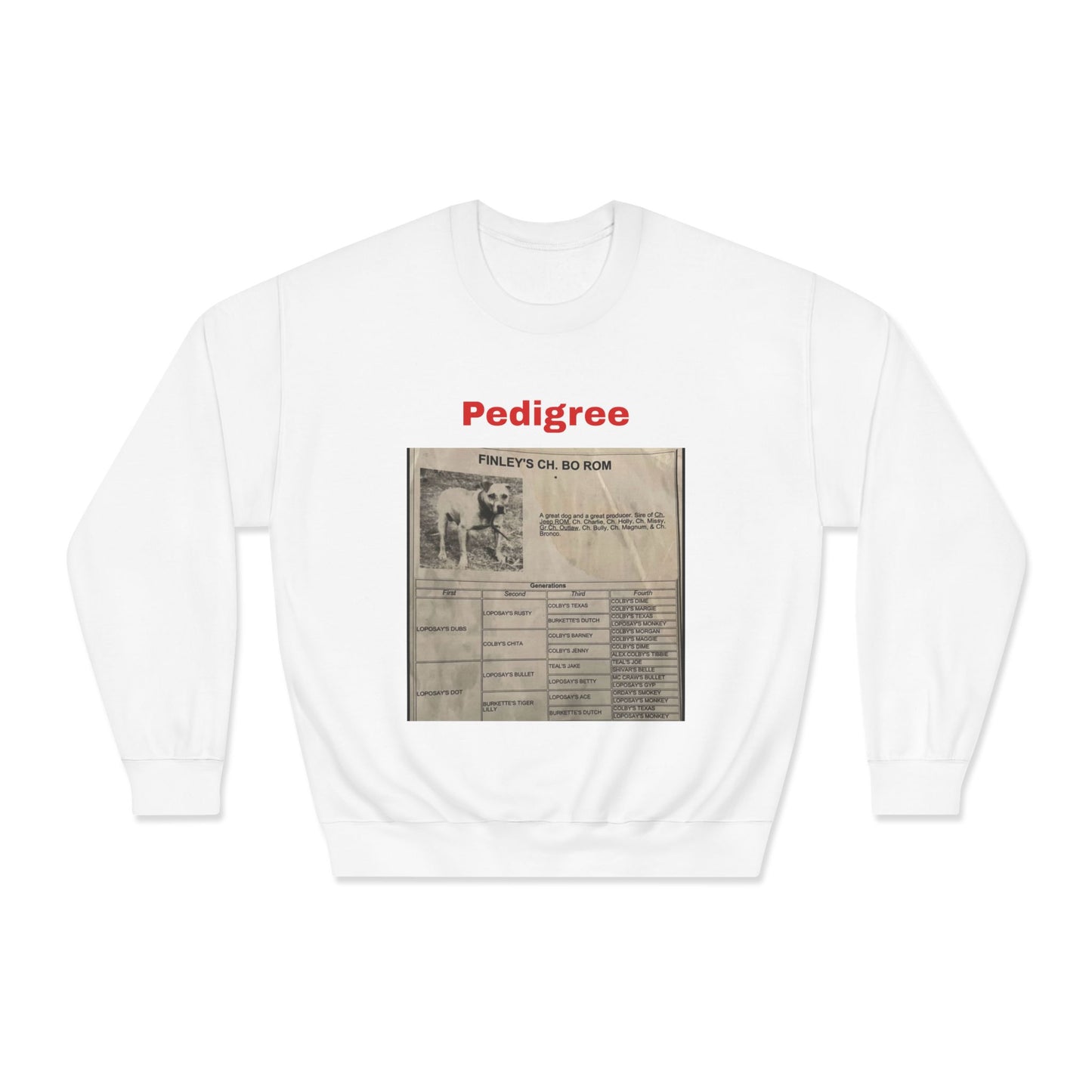 Pedigree History Crewneck Sweatshirt — Vintage Dog Pedigree Print