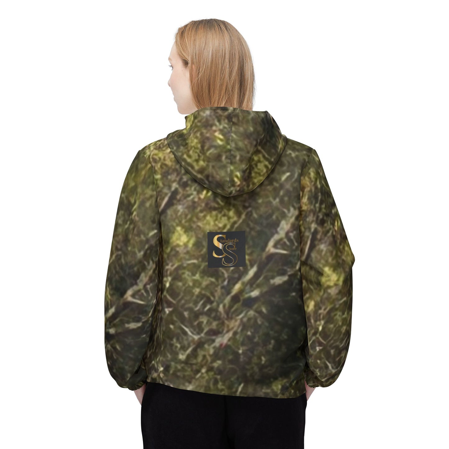 SS-Camo Print Windbreaker Jacket — Mossy Forest All-Over Zip Hooded Outerwear