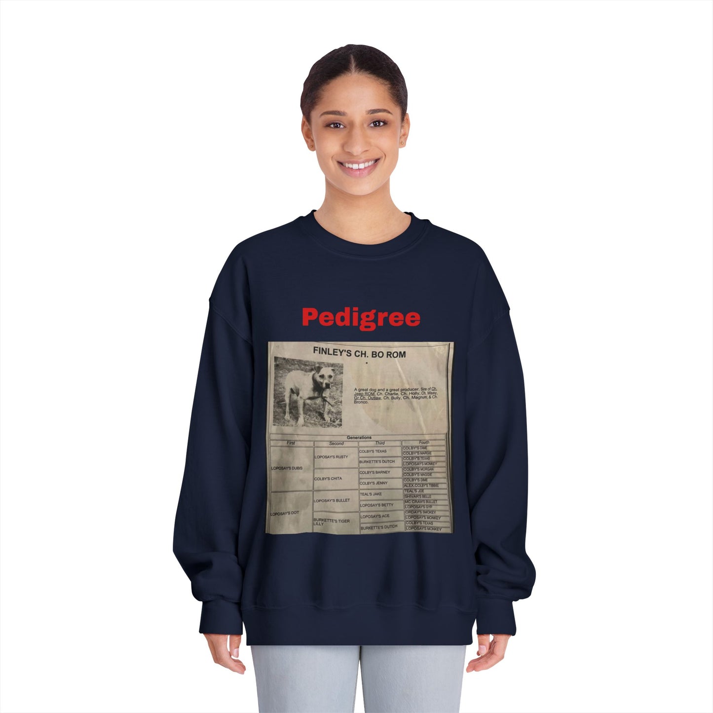 Pedigree History Crewneck Sweatshirt — Vintage Dog Pedigree Print
