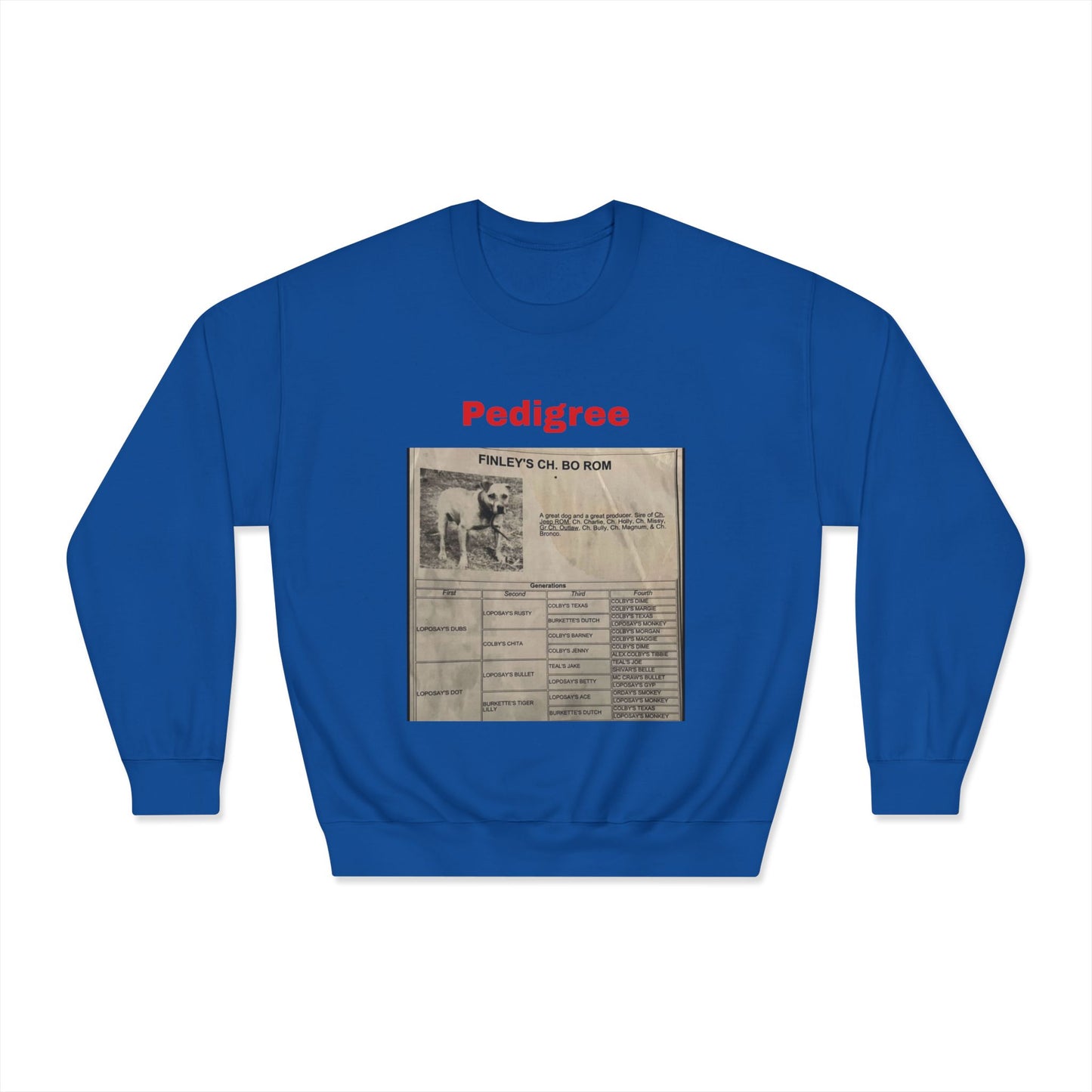 Pedigree History Crewneck Sweatshirt — Vintage Dog Pedigree Print