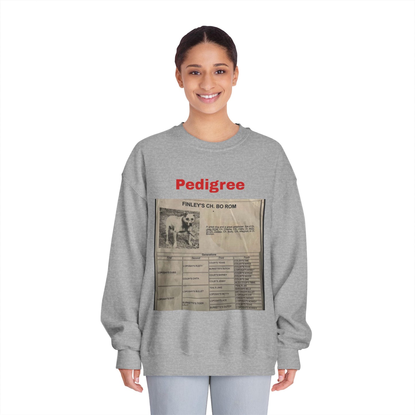 Pedigree History Crewneck Sweatshirt — Vintage Dog Pedigree Print