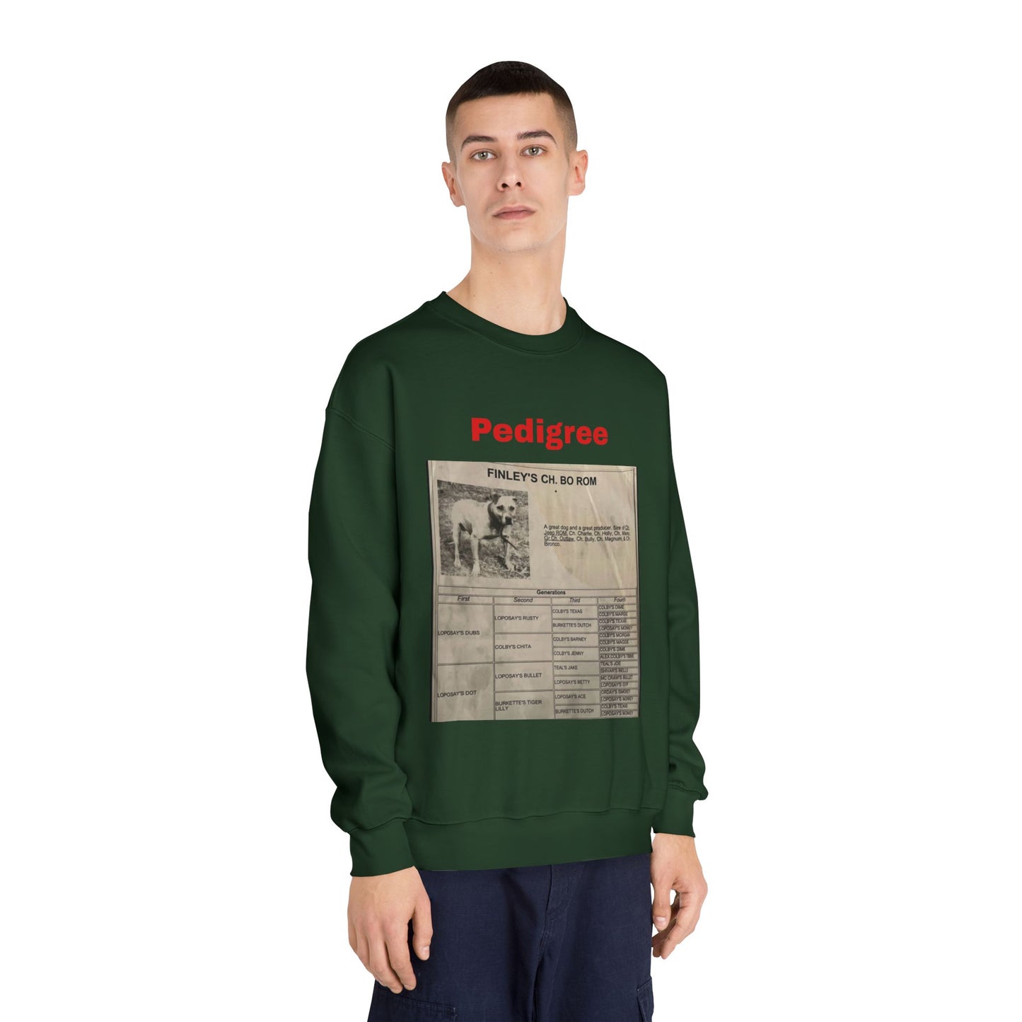 Pedigree History Crewneck Sweatshirt — Vintage Dog Pedigree Print