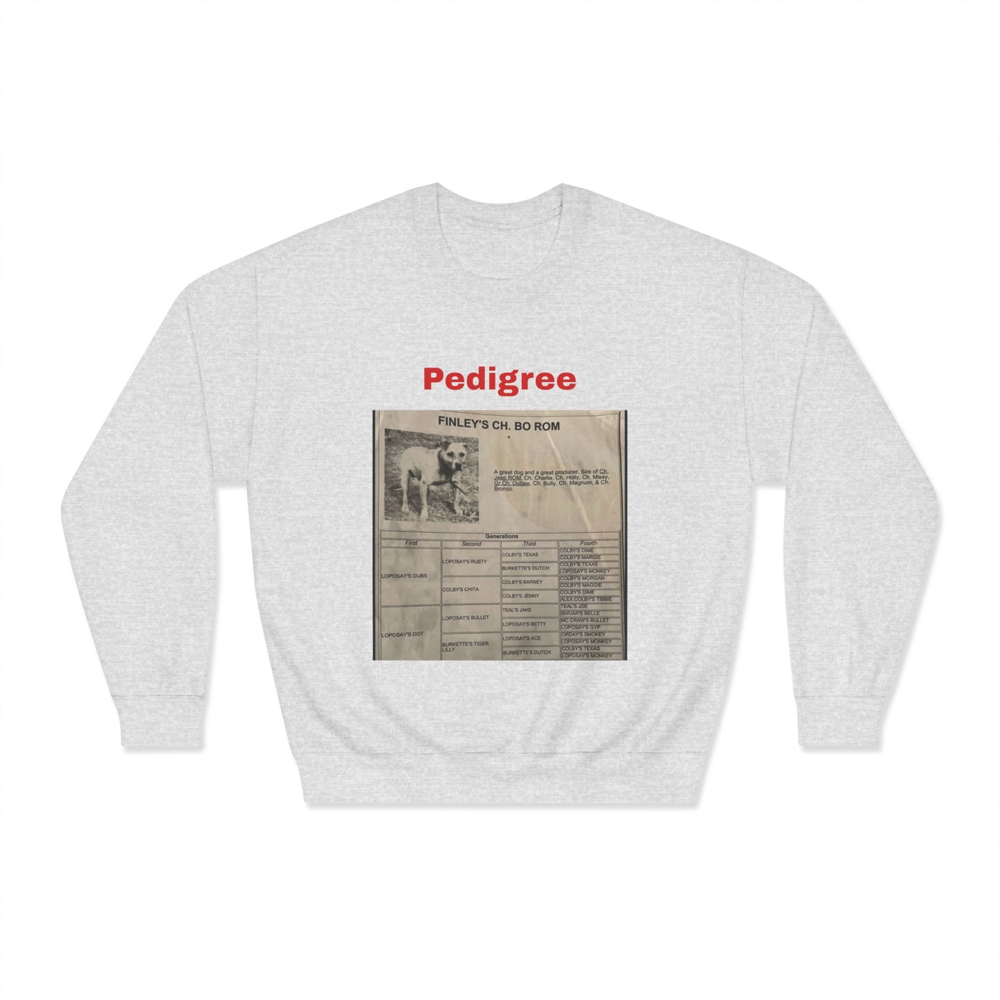 Pedigree History Crewneck Sweatshirt — Vintage Dog Pedigree Print